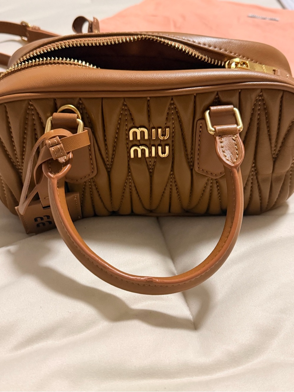 Miu Miu Quilted Matelassé Satchel in Brown with Gold Hardware